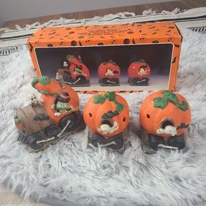 Vintage Halloween Pumpkin Train Porcelain Bisque 3 Piece 1990's Hand Pai…